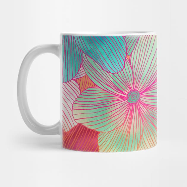 Between the Lines - tropical flowers in pink, orange, blue & mint by micklyn